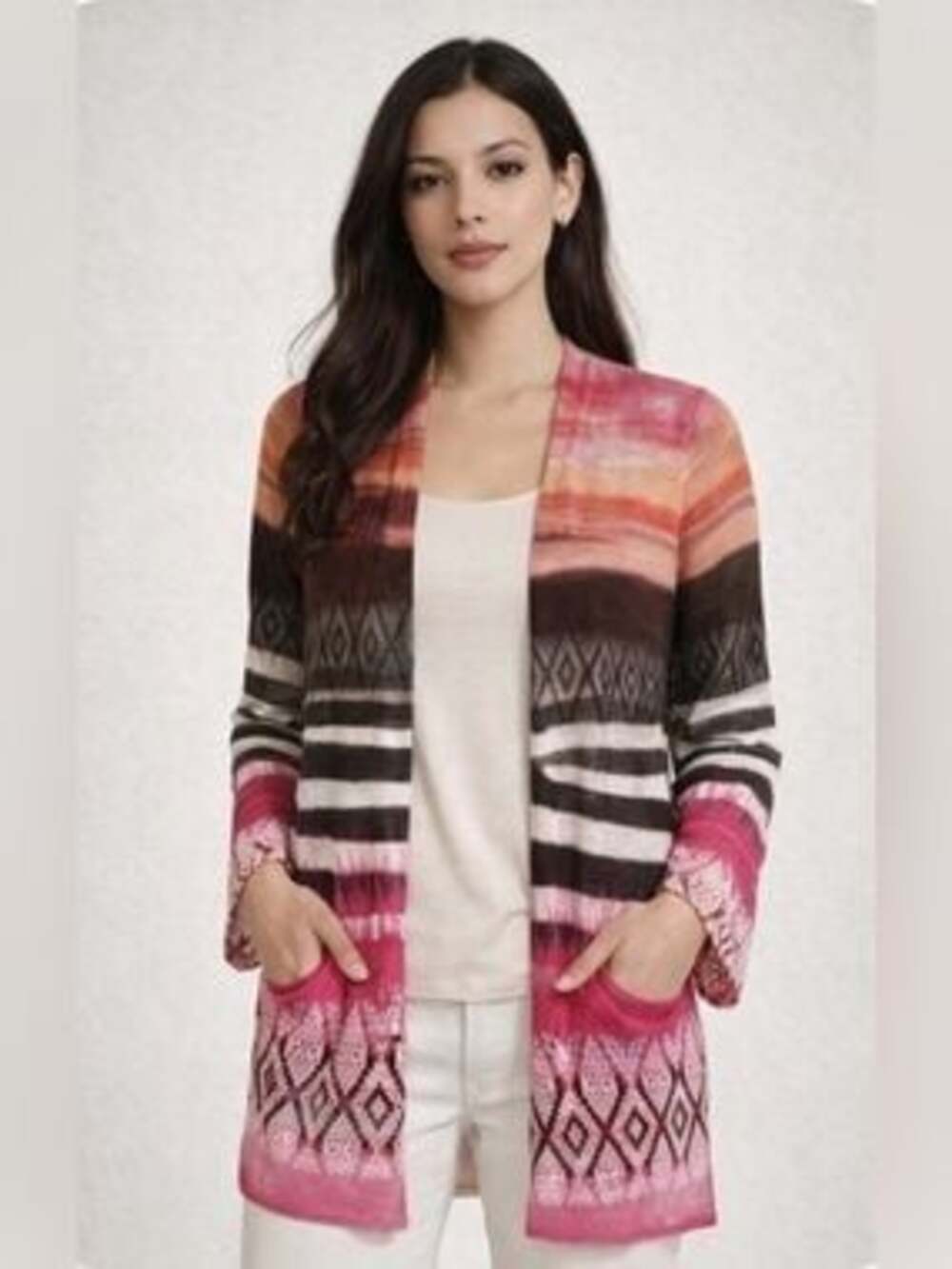 Chico's Open Front Cardigan Sweater Size 1 Multicolor Geometric Boho